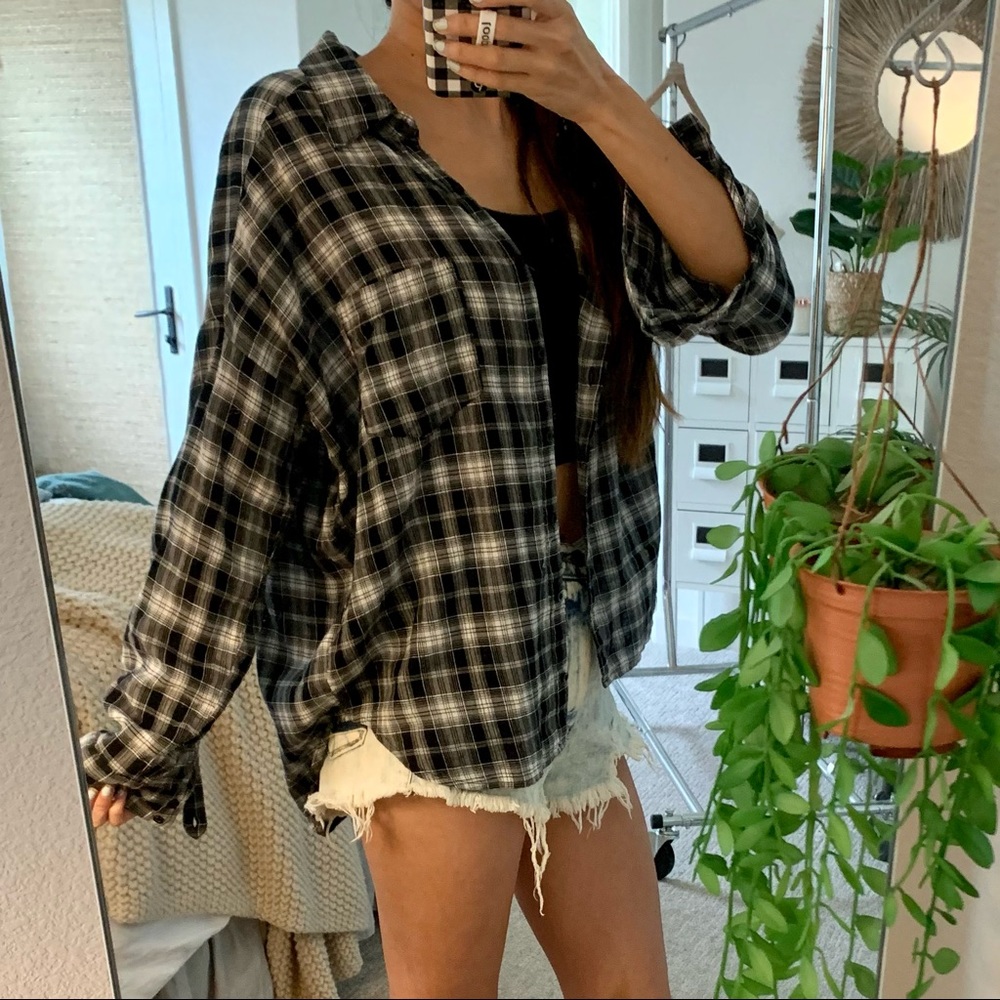 🪴$5/25🪴 Blue White Plaid Relaxed Boyfriend Flannel Button Down Shirt Top Small